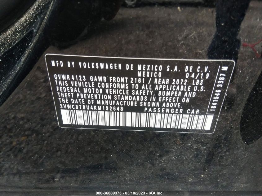 2019 VOLKSWAGEN JETTA S/SE/R-LINE - 3VWCB7BU4KM192648
