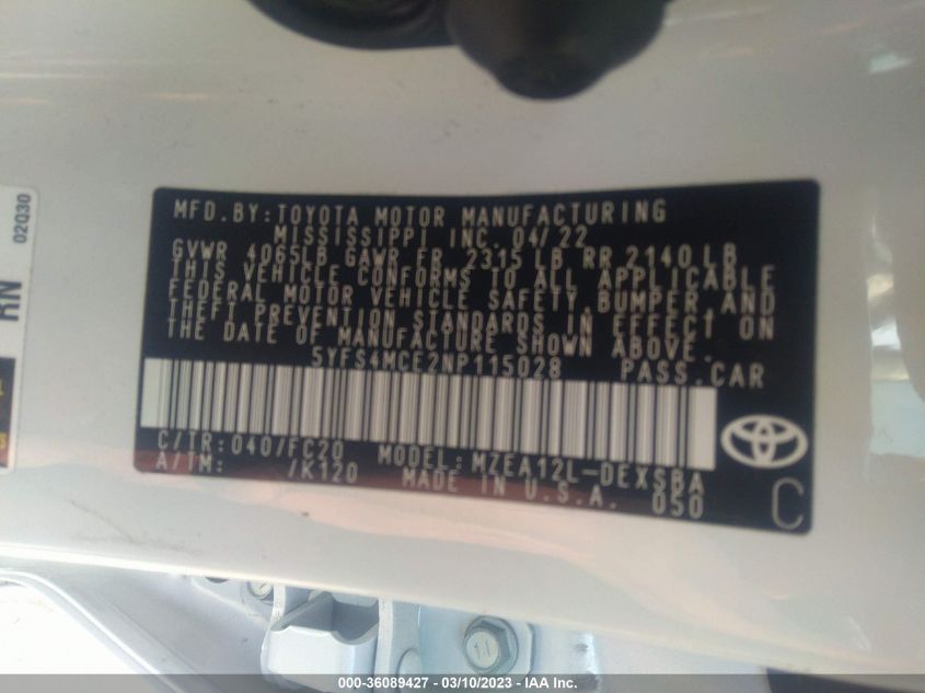 2022 TOYOTA COROLLA SE/SE NIGHTSHADE/APEX SE - 5YFS4MCE2NP115028