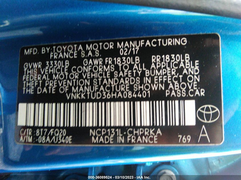 2017 TOYOTA YARIS L/SE/LE - VNKKTUD36HA084401