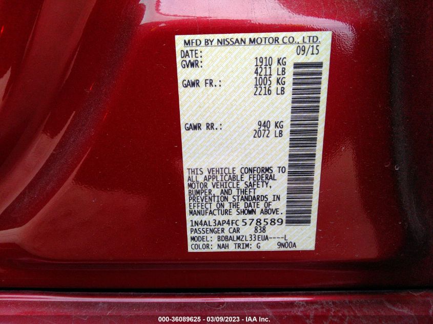 2015 NISSAN ALTIMA 2.5 SV - 1N4AL3AP4FC578589