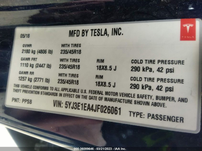 2018 TESLA MODEL 3 RANGE BATTERY - 5YJ3E1EA4JF026061