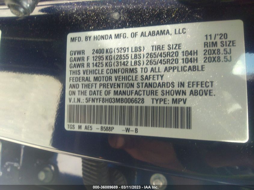 2021 HONDA PASSPORT ELITE - 5FNYF8H03MB006628