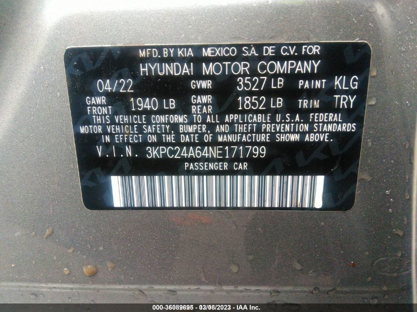 2022 HYUNDAI ACCENT SE - 3KPC24A64NE171799