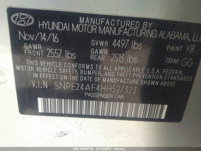 2017 HYUNDAI SONATA 2.4L - 5NPE24AF4HH527323