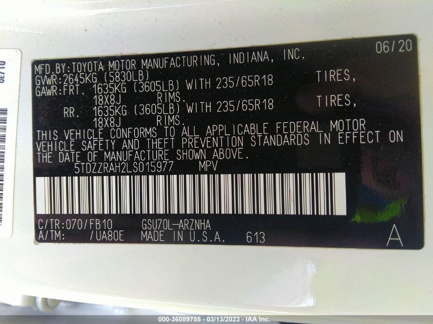 2020 TOYOTA HIGHLANDER LE/L - 5TDZZRAH2LS015977
