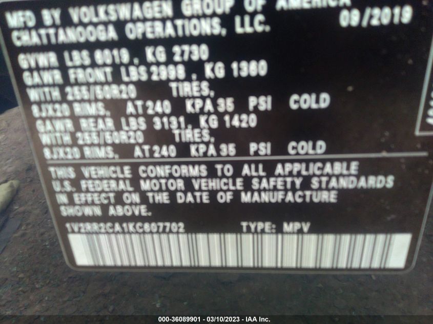 2019 VOLKSWAGEN ATLAS 3.6L V6 SEL R-LINE - 1V2RR2CA1KC607702