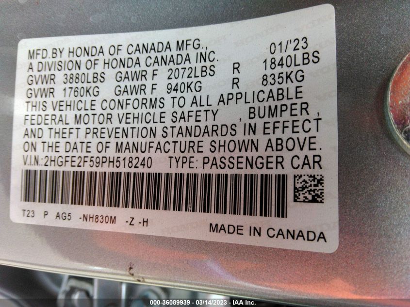2023 HONDA CIVIC SEDAN SPORT - 2HGFE2F59PH518240