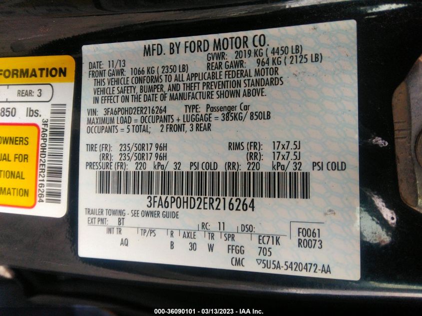 2014 FORD FUSION SE - 3FA6P0HD2ER216264