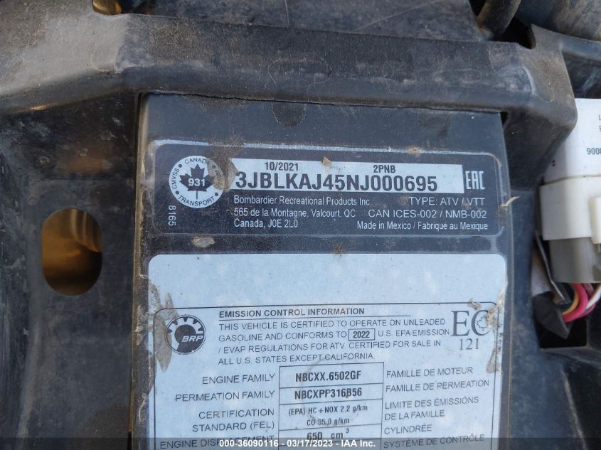 2022 CAN-AM OUTLANDER 650 XT 3JBLKAJ45NJ000695
