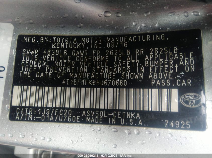 2017 TOYOTA CAMRY XLE/SE/LE/XSE - 4T1BF1FK6HU670660