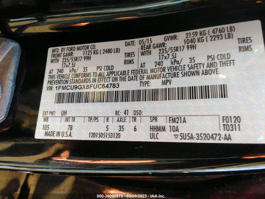 2015 FORD ESCAPE SE - 1FMCU9GX8FUC64783
