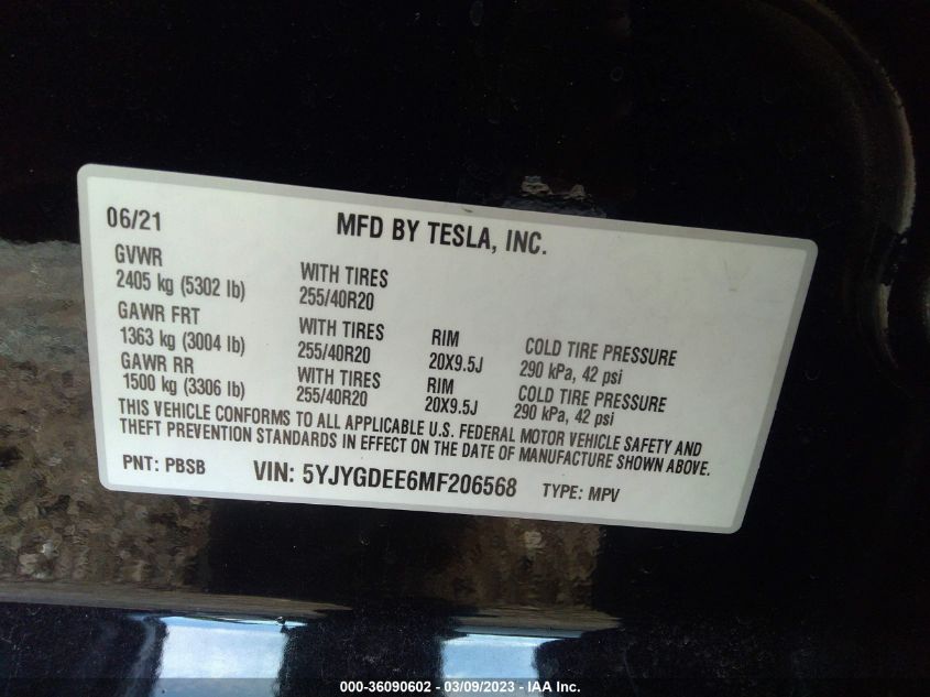 2021 TESLA MODEL Y LONG RANGE - 5YJYGDEE6MF206568