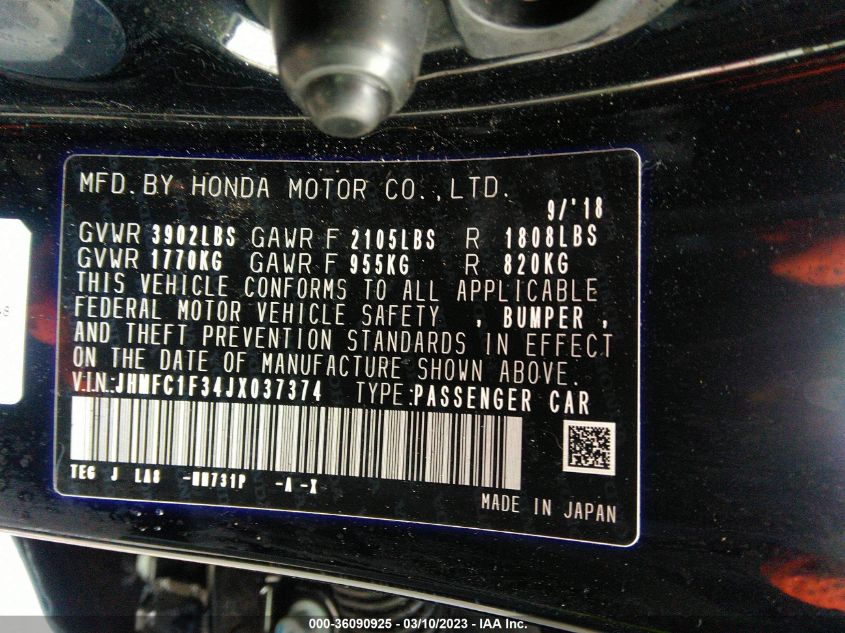 2018 HONDA CIVIC SEDAN EX-T - JHMFC1F34JX037374