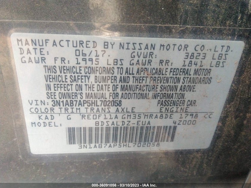VIN 3N1AB7AP5HL702058 2017 NISSAN SENTRA SV