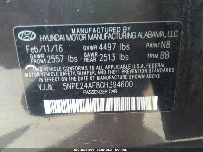 2016 HYUNDAI SONATA 2.4L - 5NPE24AF8GH394600