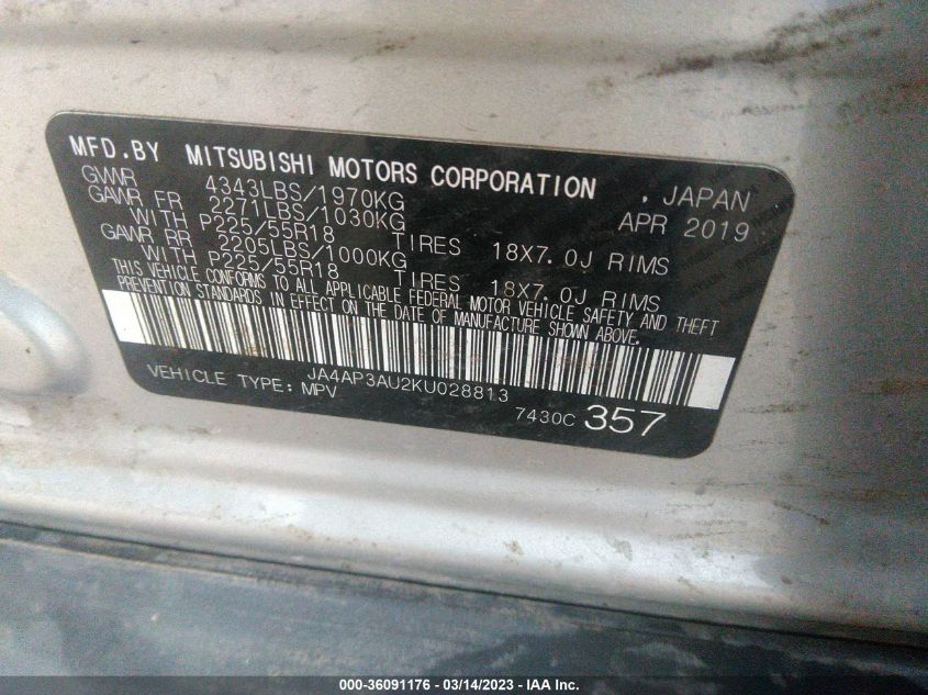 2019 MITSUBISHI OUTLANDER SPORT 2.0 - JA4AP3AU2KU028813