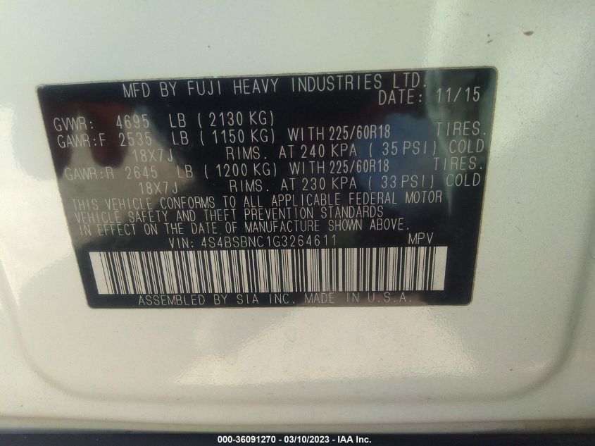 2016 SUBARU OUTBACK 2.5I LIMITED - 4S4BSBNC1G3264611