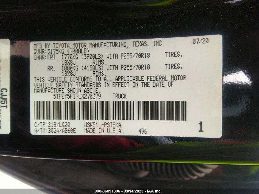 2020 TOYOTA TUNDRA 2WD SR5 5TFEY5F17LX270379