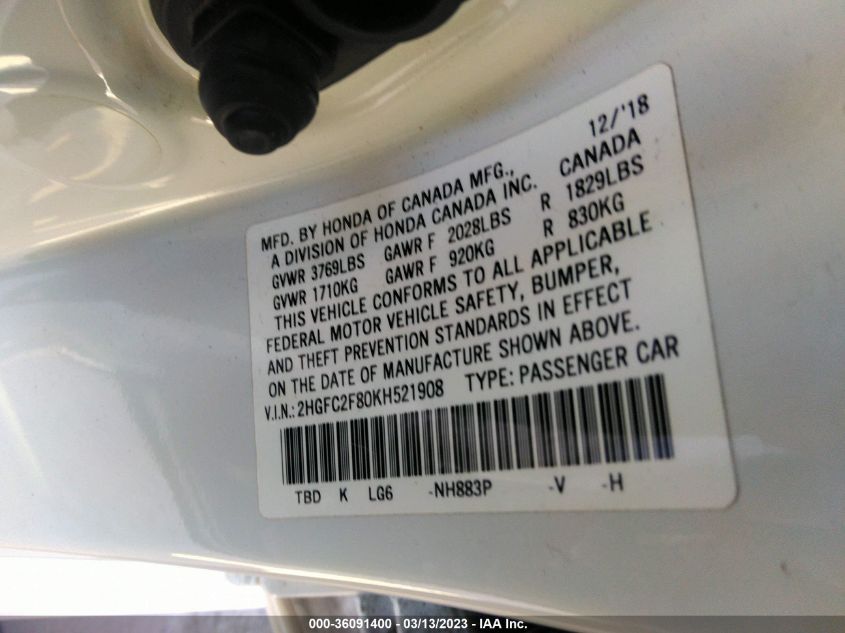 2019 HONDA CIVIC SEDAN SPORT - 2HGFC2F80KH521908