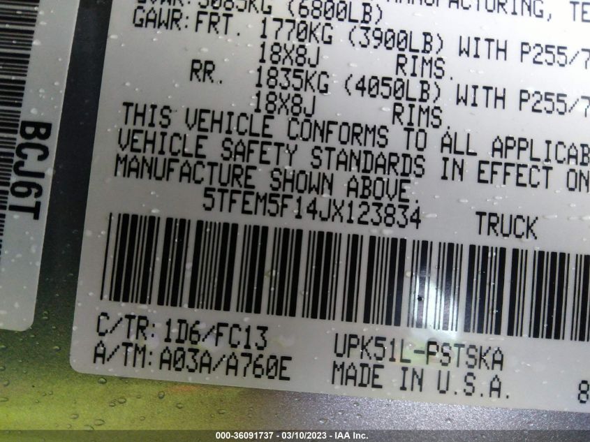 2018 TOYOTA TUNDRA 2WD SR5 5TFEM5F14JX123834