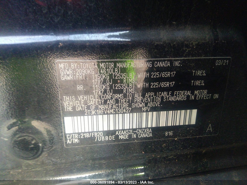 VIN 2T3K1RFV4MC130427 2021 TOYOTA RAV4 LE