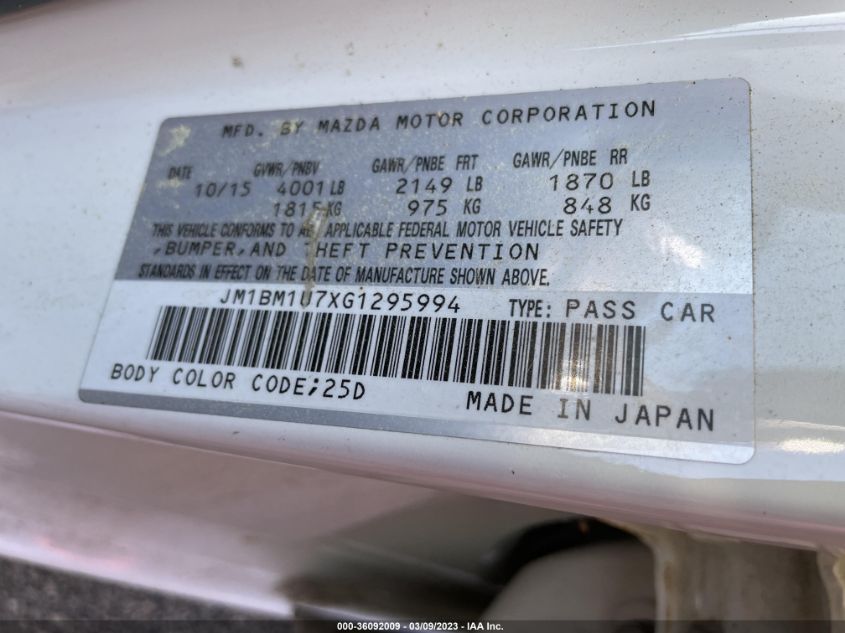 2016 MAZDA 3 JM1BM1U7XG1295994