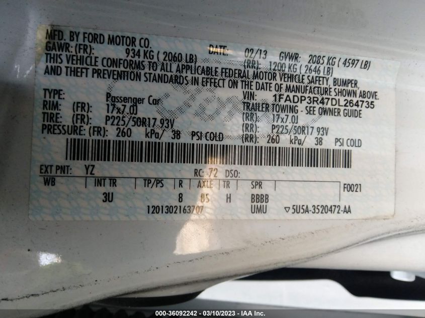 2013 FORD FOCUS ELECTRIC 1FADP3R47DL264735
