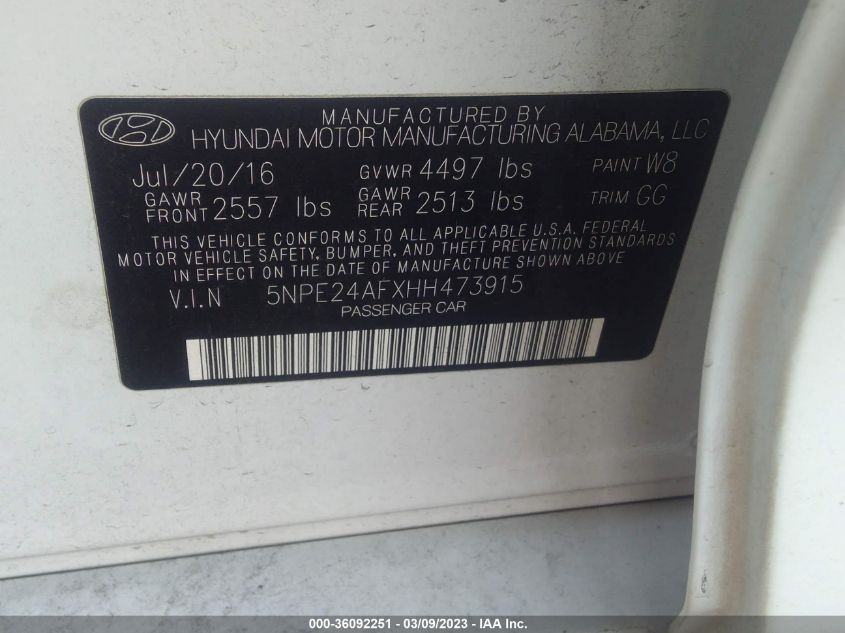 2017 HYUNDAI SONATA 2.4L - 5NPE24AFXHH473915