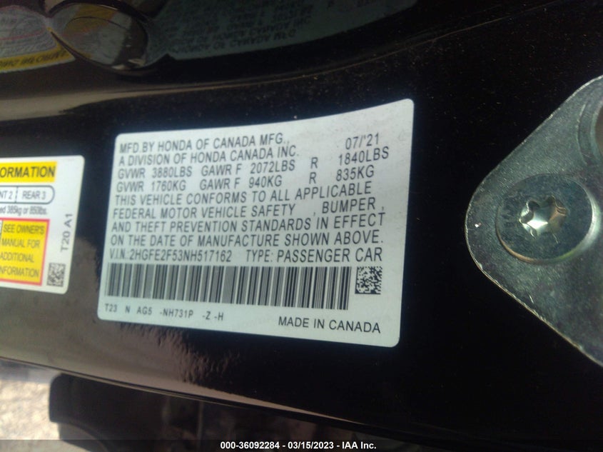 VIN 2HGFE2F53NH517162 2022 HONDA CIVIC SEDAN SPORT