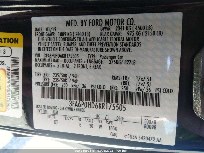 2019 FORD FUSION SE - 3FA6P0HD6KR175505