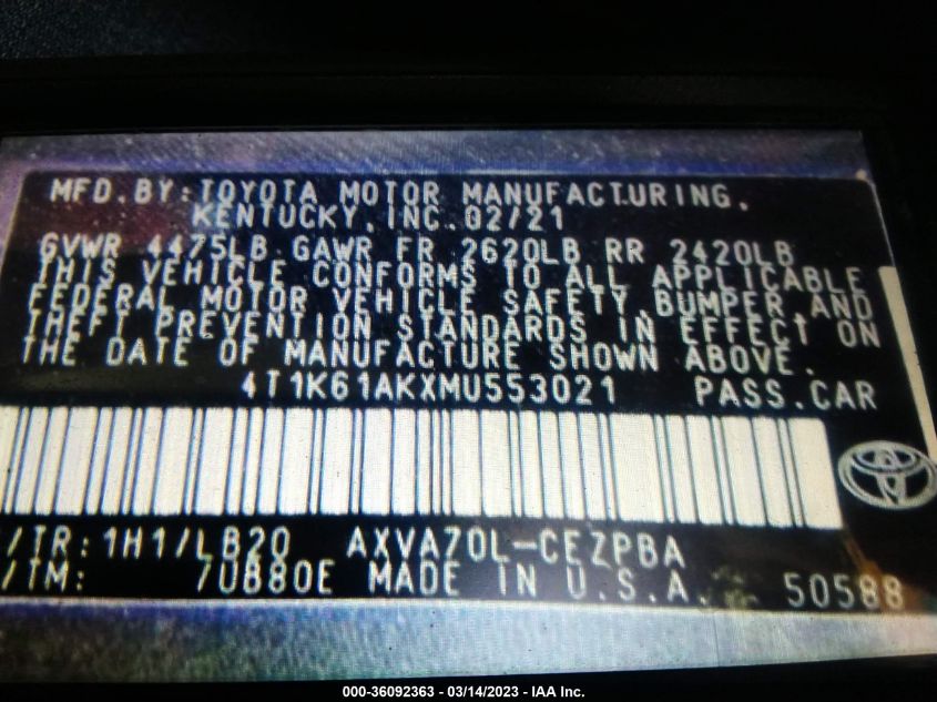 2021 TOYOTA CAMRY XSE - 4T1K61AKXMU553021