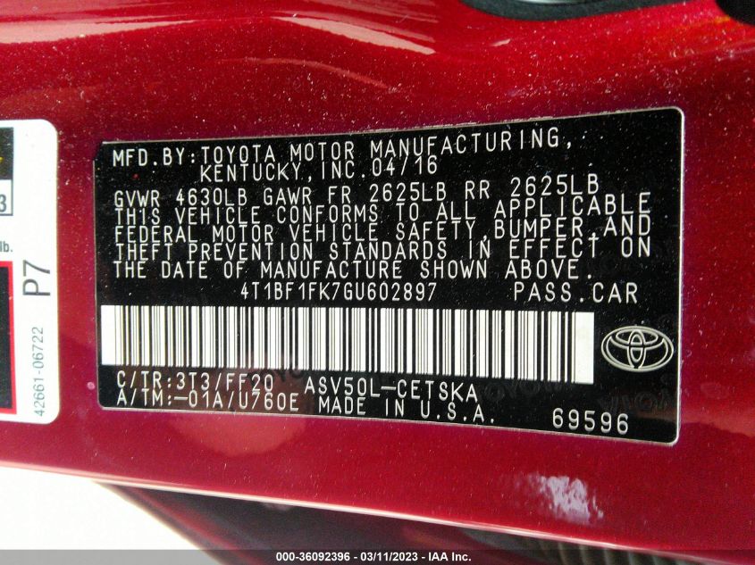 2016 TOYOTA CAMRY XLE/SE/LE/XSE - 4T1BF1FK7GU602897