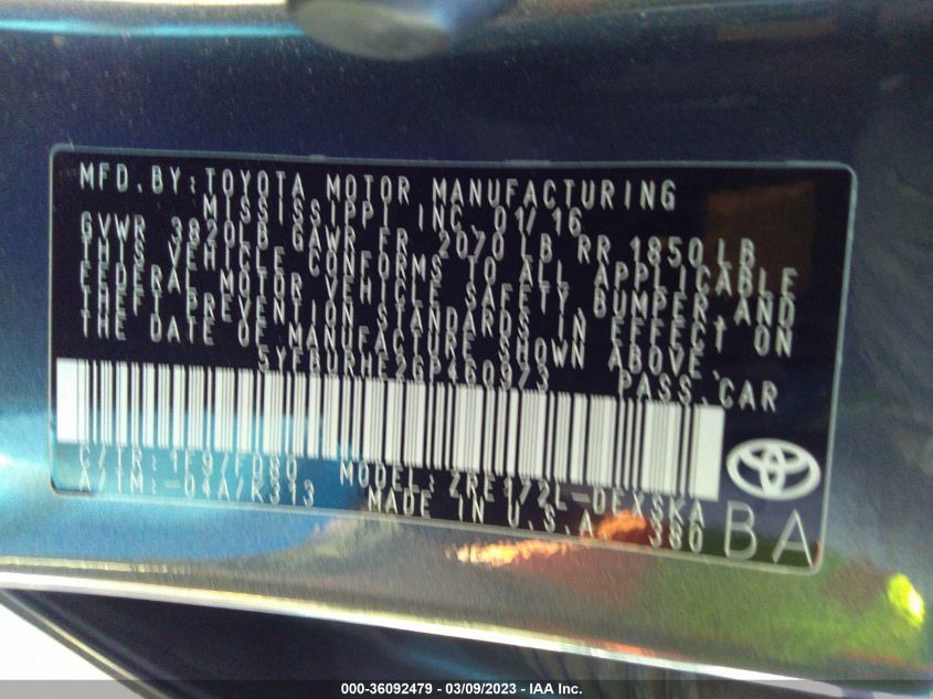 2016 TOYOTA COROLLA L/LE/S/S PLUS/LE PLUS - 5YFBURHE2GP460973