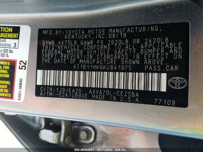 2019 TOYOTA CAMRY LE/SE/XLE/L - 4T1B11HK6KU841975