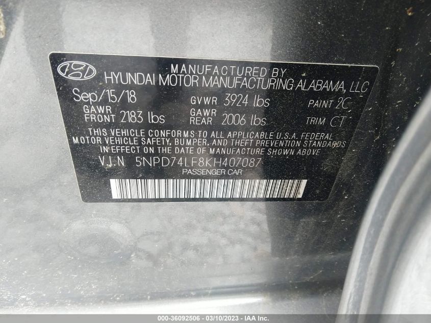 2019 HYUNDAI ELANTRA SE - 5NPD74LF8KH407087