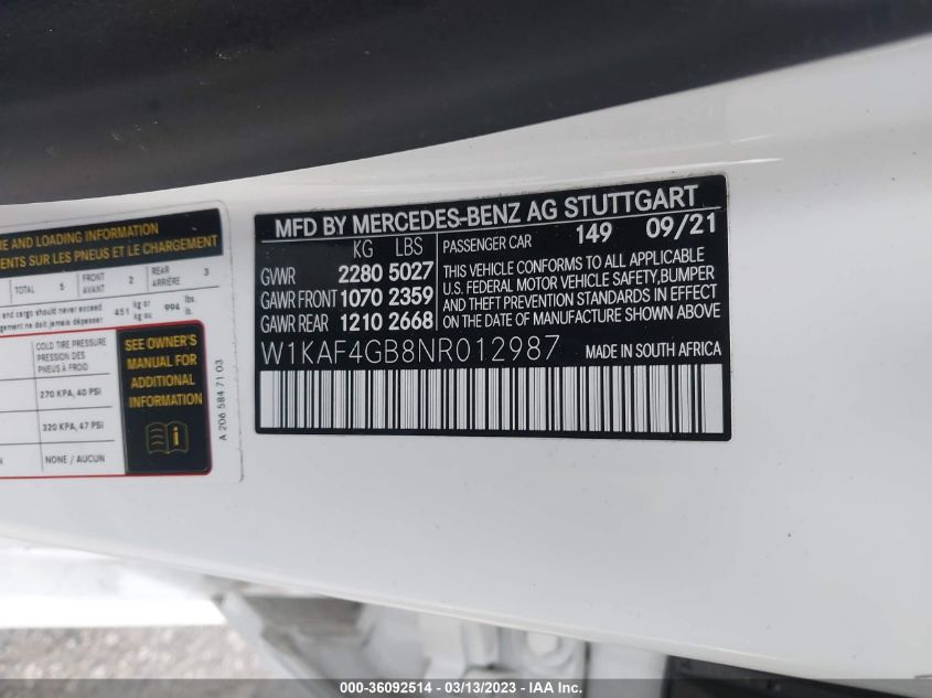 2022 MERCEDES-BENZ C-CLASS C 300 - W1KAF4GB8NR012987
