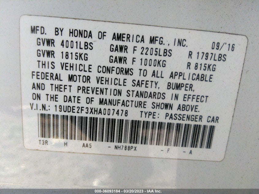 VIN 19UDE2F3XHA007478 2017 ACURA ILX