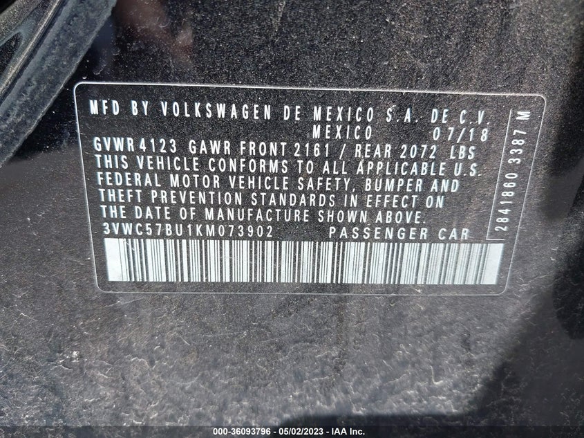 VIN 3VWC57BU1KM073902 2019 VOLKSWAGEN JETTA S/SE/R-LINE