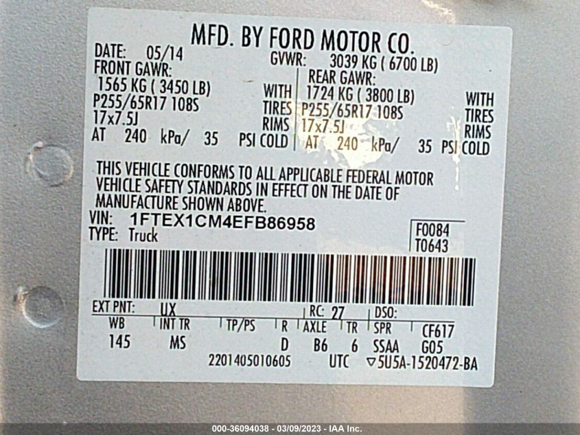 2014 FORD F-150 XL/STX/XLT - 1FTEX1CM4EFB86958