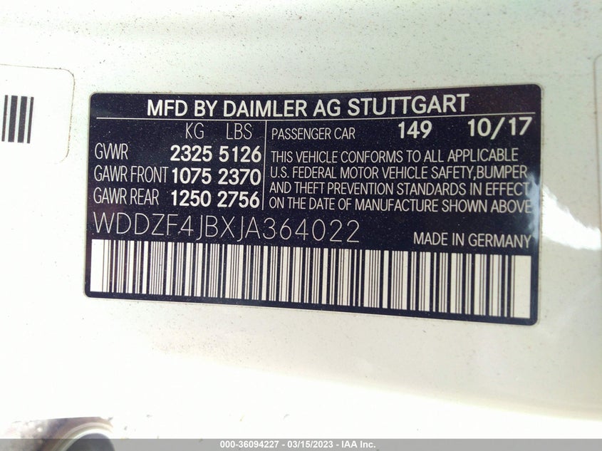 VIN WDDZF4JBXJA364022 2018 MERCEDES-BENZ E-CLASS E 300