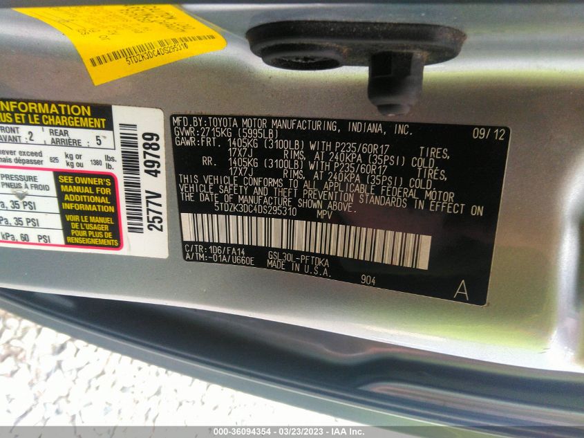 2013 TOYOTA SIENNA - 5TDZKLDC4DS295310