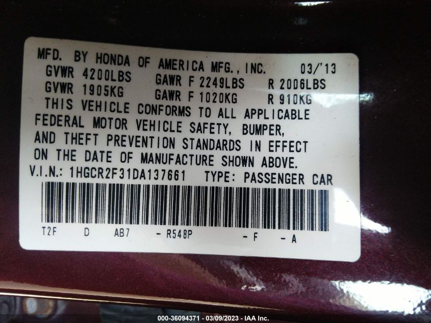 2013 HONDA ACCORD SDN LX - 1HGCR2F31DA137661
