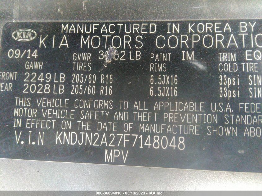 2015 KIA SOUL BASE - KNDJN2A27F7148048