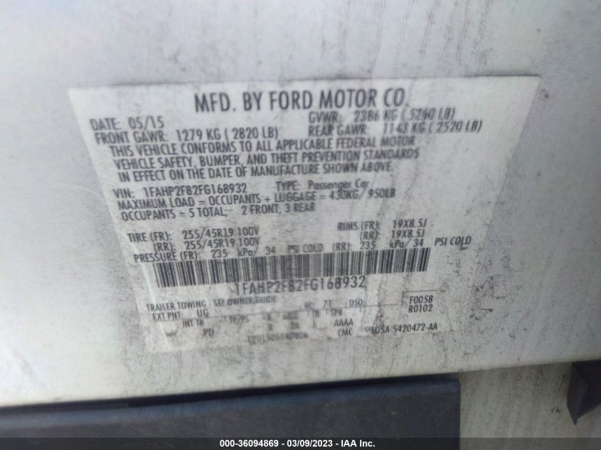 2015 FORD TAURUS LIMITED - 1FAHP2F82FG168932