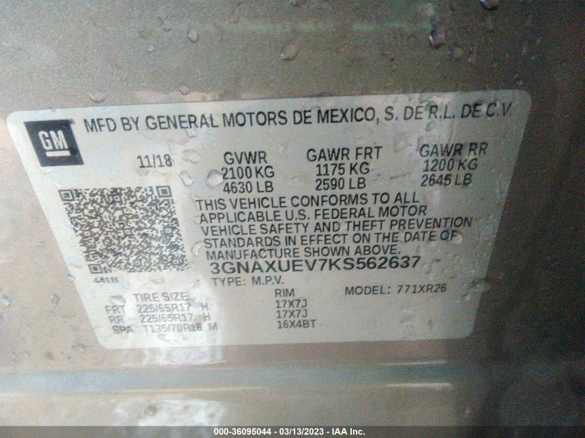 2019 CHEVROLET EQUINOX LT - 3GNAXUEV7KS562637