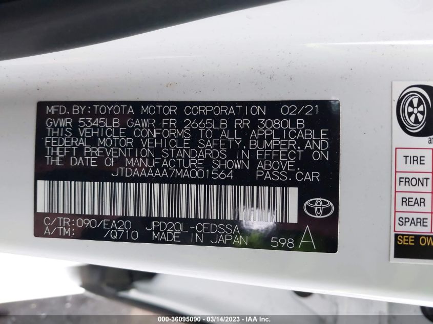 2021 TOYOTA MIRAI XLE JTDAAAAA7MA001564