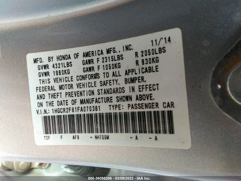2015 HONDA ACCORD SEDAN EX-L - 1HGCR2F81FA070381
