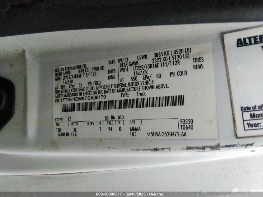 2014 FORD ECONOLINE CARGO VAN COMMERCIAL/RECREATIONAL 1FTNE1EW6EDA06170