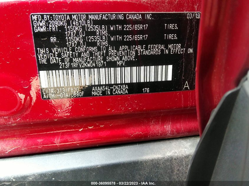 2019 TOYOTA RAV4 LE - 2T3F1RFV2KW041971