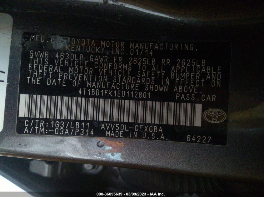 2014 TOYOTA CAMRY HYBRID LE/XLE/SE LIMITED EDITION - 4T1BD1FK1EU112801